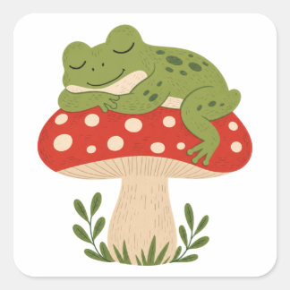 Sticker Carré Grenouille rêveuse sur champignon rouge