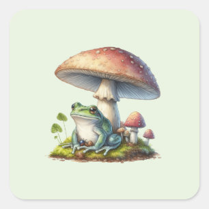 Sticker Carré Grenouille sous un champignon Mignon Nature