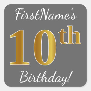 Sticker Carré Grey, Faux Gold 10e anniversaire + Nom personnalis