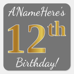 Sticker Carré Grey, Faux Gold 12e anniversaire + Nom personnalis