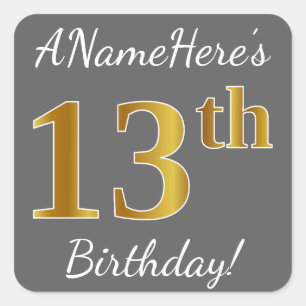 Sticker Carré Grey, Faux Gold 13e anniversaire + Nom personnalis
