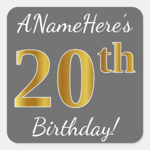 Sticker Carré Grey, Faux Gold 20e anniversaire + Nom personnalis