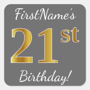 Sticker Carré Grey, Faux Gold 21e anniversaire + Nom personnalis
