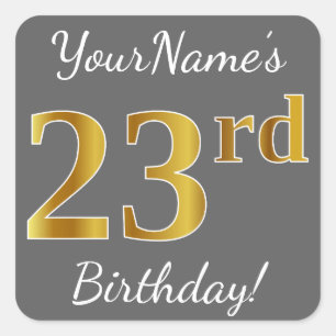 Sticker Carré Grey, Faux Gold 23e anniversaire + Nom personnalis