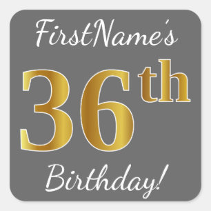 Sticker Carré Grey, Faux Gold 36e anniversaire + Nom personnalis