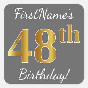 Sticker Carré Grey, Faux Gold 48e anniversaire + Nom personnalis