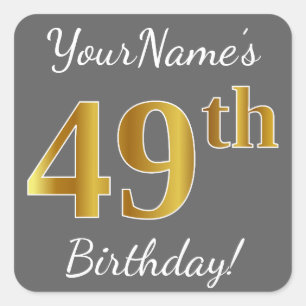 Sticker Carré Grey, Faux Gold 49e anniversaire + Nom personnalis