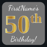 Sticker Carré Grey, Faux Gold 50th Birthday   Nom personnalisé<br><div class="desc">Ce simple autocollant d’anniversaire comporte un message comme "50e anniversaire du prénom!", avec le "50e" ayant une apparence fausse/imitation de couleur d’inspiration or, sur un arrière - plan gris (gris). Le nom peut être customisé. Des autocollants comme ceux-ci pourraient peut-être être un cadeau pour quelqu'un qui célèbre son cinquantième anniversaire,...</div>