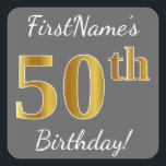 Sticker Carré Grey, Faux Gold 50th Birthday   Nom personnalisé<br><div class="desc">Ce simple autocollant d’anniversaire comporte un message comme "50e anniversaire du prénom!", avec le "50e" ayant une apparence fausse/imitation de couleur d’inspiration or, sur un arrière - plan gris (gris). Le nom peut être customisé. Des autocollants comme ceux-ci pourraient peut-être être un cadeau pour quelqu'un qui célèbre son cinquantième anniversaire,...</div>