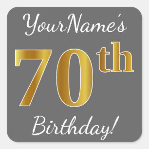 Sticker Carré Grey, Faux Gold 70e anniversaire + Nom personnalis