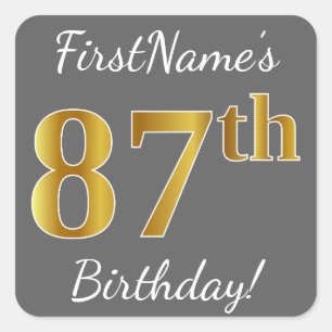 Sticker Carré Grey, Faux Gold 87e anniversaire + Nom personnalis