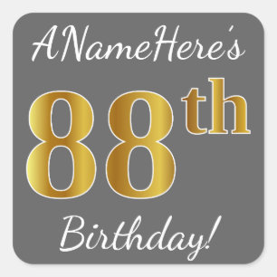 Sticker Carré Grey, Faux Gold 88e anniversaire + Nom personnalis