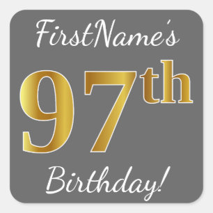 Sticker Carré Grey, Faux Gold 97e anniversaire + Nom personnalis