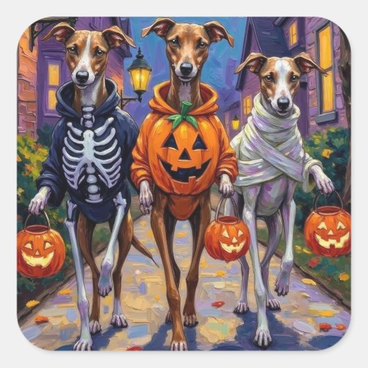 Sticker Carré Greyhound Trick-or-Treating en costumes d'Hallowee (Devant)