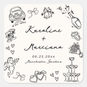 Sticker Carré Gribouillages de mariage dessinés à la main fantai