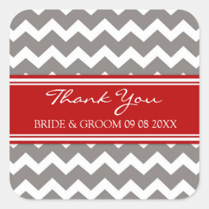 Sticker Carré Gris Rouge Chevron Merci Mariage Favor Tags