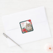 Sticker Carré Gris Tabby Chat Poinsettia Frontière Noël (Enveloppe)