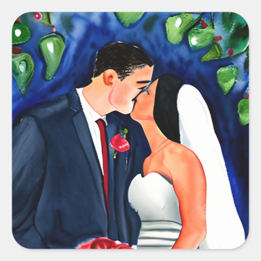 Sticker Carré Groom and Bride viens de se marier Kiss (Devant)
