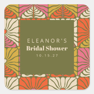 Sticker Carré Groovy Vintage Vert Floral Mariage Personnalisé