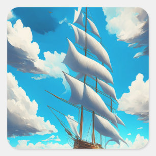 Sticker Carré Gros voilier, Ciel Bleu, Nuages Fluffy Blanc