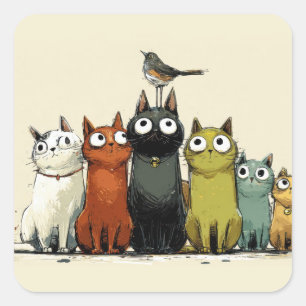 Sticker Carré Groupe de chats colorés – Art de chat fantaisiste