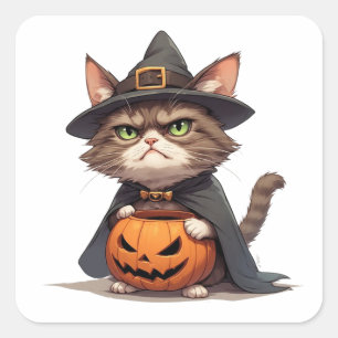 Sticker Carré Grumpy Cat et Jack O Lantern ami Halloween 🎃