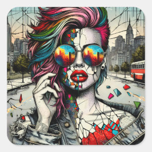 Sticker Carré Grunge Art   Femme fracturée Abstraite