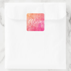 Sticker Carré Grunge rose orange aquarelle nom personnalisé tex