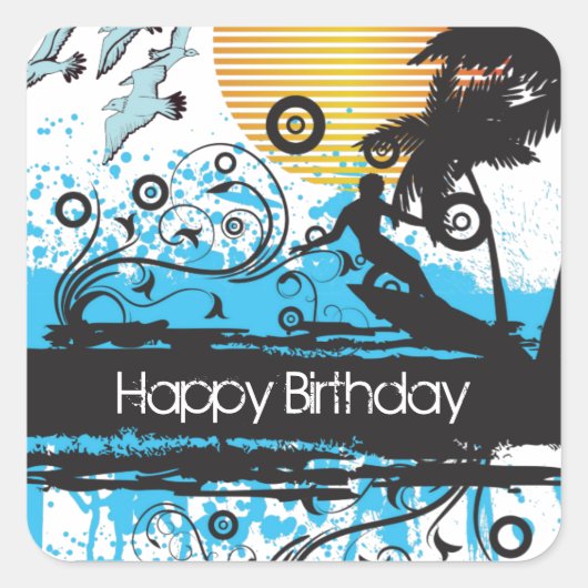 Sticker Carré Grunge Surfing Plage tropicale Joyeux Anniversaire (Devant)