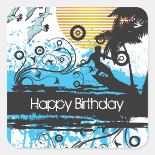 Sticker Carré Grunge Surfing Plage tropicale Joyeux Anniversaire