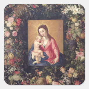 Sticker Carré Guirlande de fruit et de fleurs avec la Vierge et
