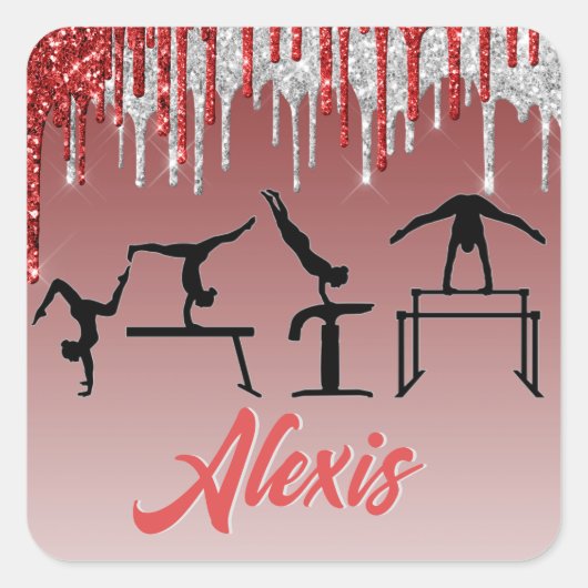 Sticker Carré Gymnastics Red and Silver Glitter Drip Ombre     (Devant)