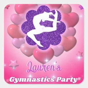 Sticker Carré Gymnastique Anniversaire Soirée rose violet étoile