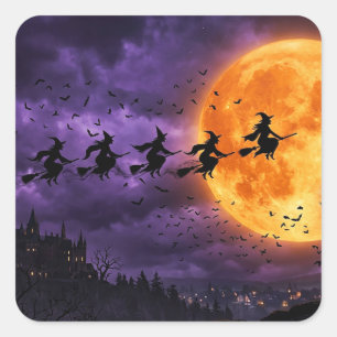 Sticker Carré Halloween avec Lune et Sorcière