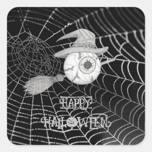 Sticker Carré Halloween balai sorcière, globe oculaire effrayant