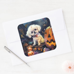 Sticker Carré Halloween Bichon Frise Avec La Peur Citrouille