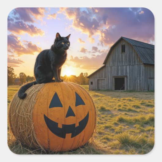 Sticker Carré Halloween Black Cat On Pumpkin Hay Bale (Devant)