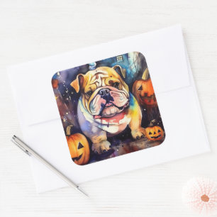 Sticker Carré Halloween Bulldog avec la peur Citrouille