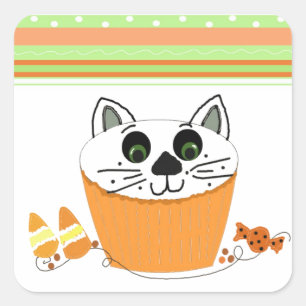Sticker Carré Halloween Cat Cupcake