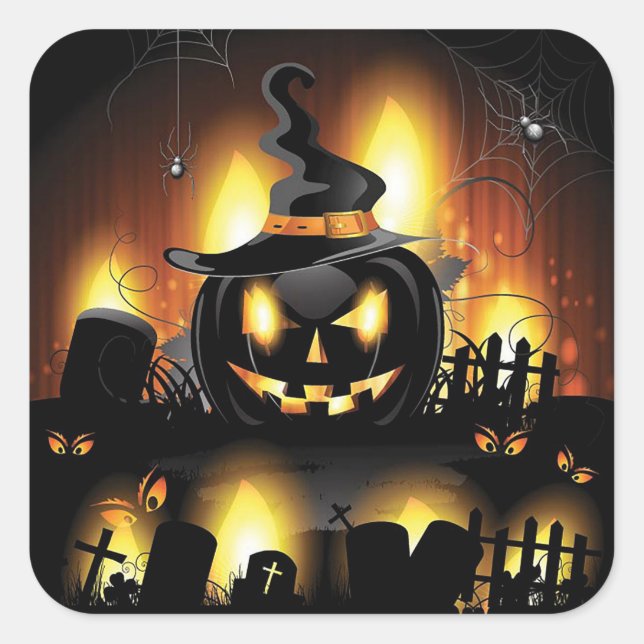 Sticker Carré Halloween - citrouilles effrayants w/Hat (Devant)
