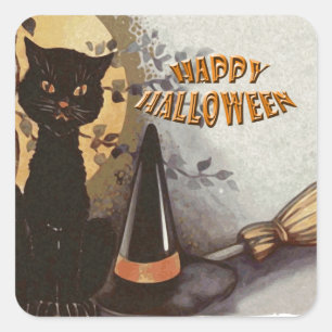 Sticker Carré Halloween de hibou et de chat