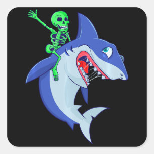 Sticker Carré Halloween du requin Skeleton chevauchant les requi