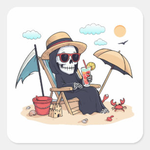 Sticker Carré Halloween en été – le Faucheur sur la plage