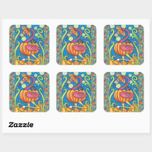 STICKER CARRÉ HALLOWEEN FLAMANT ROSE ROSE & CHAT NOIR EN CITROUI