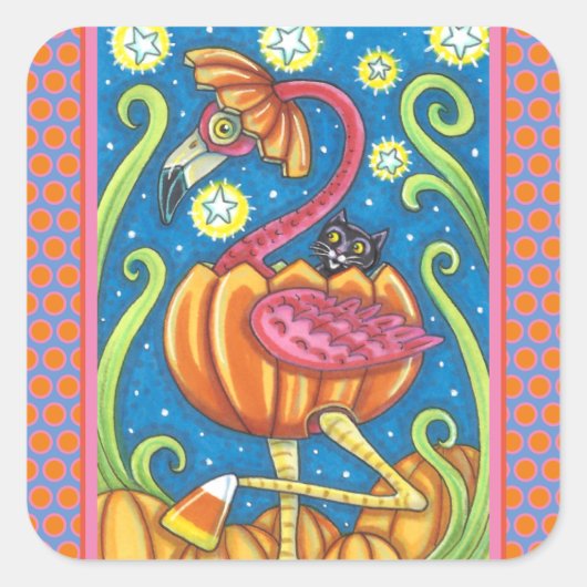 STICKER CARRÉ HALLOWEEN FLAMANT ROSE ROSE & CHAT NOIR EN CITROUI (Devant)