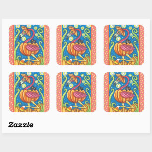 STICKER CARRÉ HALLOWEEN FLAMANT ROSE ROSE & CHAT NOIR EN CITROUI