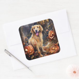 Sticker Carré Halloween Golden Retriever avec la peur Citrouille