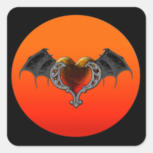 Sticker Carré Halloween Goth Orange Heart avec chevalet d'ailes 