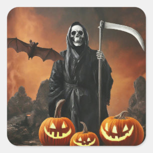 Sticker Carré Halloween heureux - Grande Faucheuse Citrouille sc