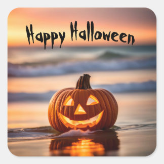 Sticker Carré Halloween Jack-o-Lantern Sur La Plage